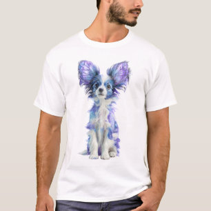 Camiseta Retrato en acuarela de perro Papillon azul vibrant