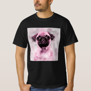 Camiseta Retrato en acuarela de perro Pug rosa 02
