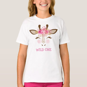 Camiseta Retrato floral rosado de la jirafa