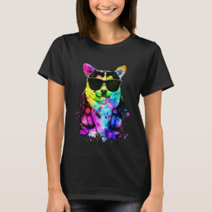 Camiseta Retrato Retro Pop de Corgi Tricolor con Auriculare