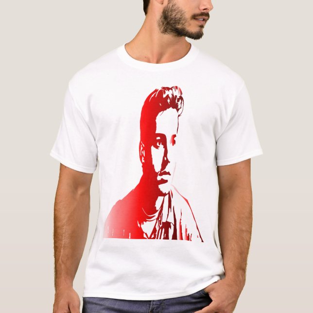 Camiseta retrato rojo y blanco de un hombre preocupado e (Anverso)