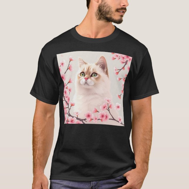 Camiseta Retrato Serene Birman Cat Con Flores De Cerezo (Anverso)