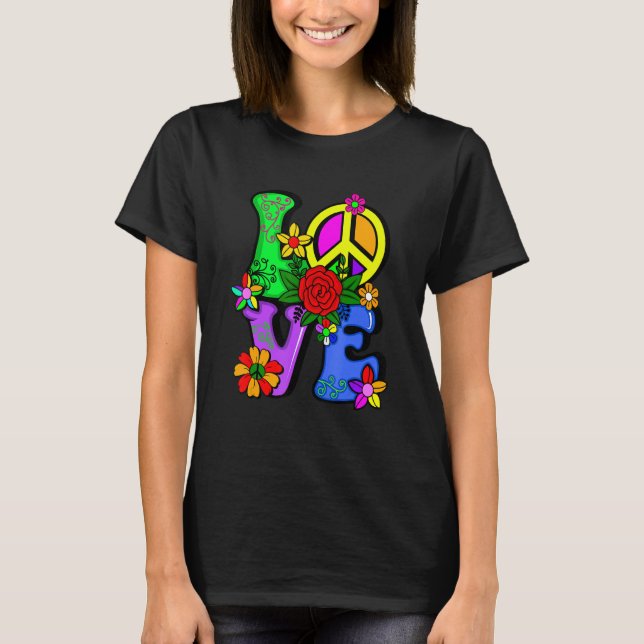 Camiseta Retro 60's 70's Flower Power Hippy  Groovy Love Pe (Anverso)
