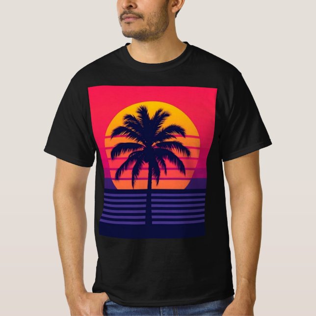 Camiseta Retro 80s Sunset Palm Tree Synthwave Art (Anverso)