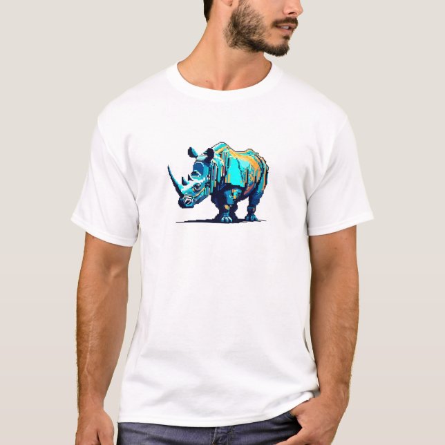 Camiseta Retro 8-Bit Pixel Art Rhinoceros Cyan Orange Gamer (Anverso)