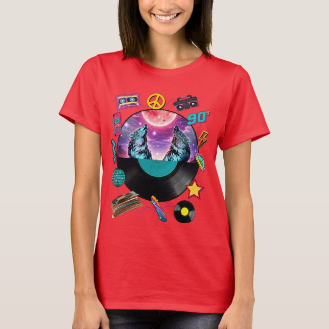 Camiseta Retro 90s Midnight Wolf & Boombox Circular Collage (Anverso)