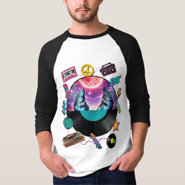Camiseta Retro 90s Midnight Wolf & Boombox Circular Collage (Anverso)