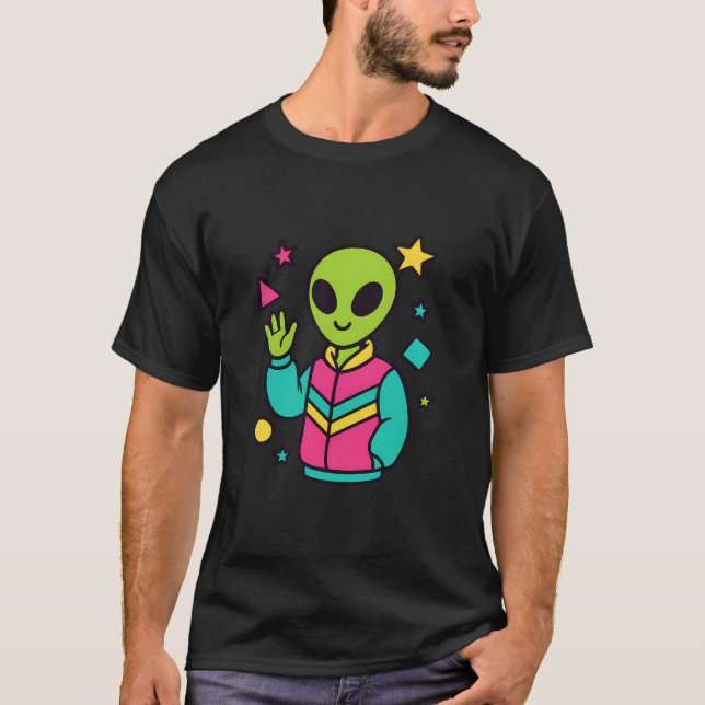 Camiseta Retro Alien in Neon Jacket | 80s Sci-Fi Vector Art (Anverso)