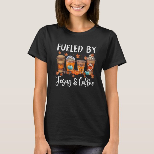 Camiseta Retro Alimentado Por El Café Jesús Cafeína Acción  (Anverso)