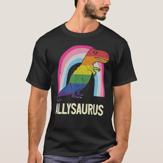 Camiseta Retro Allysaurus Rainbow Cute Trex Dinosaur LGBT (Anverso)