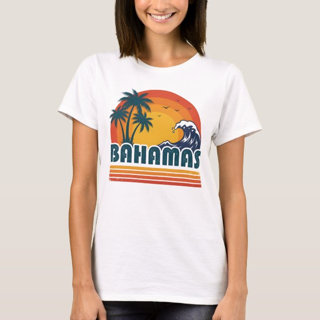 Camiseta Retro Bahamas Beach Summer Sunset 70s Palm Tree (Anverso)