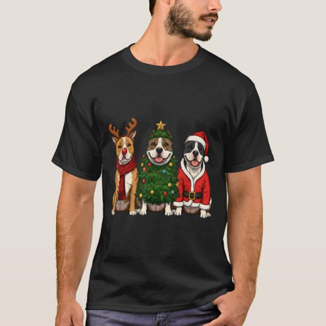 Camiseta Retro Christmas American Bully Santa Reindeer Dog  (Anverso)