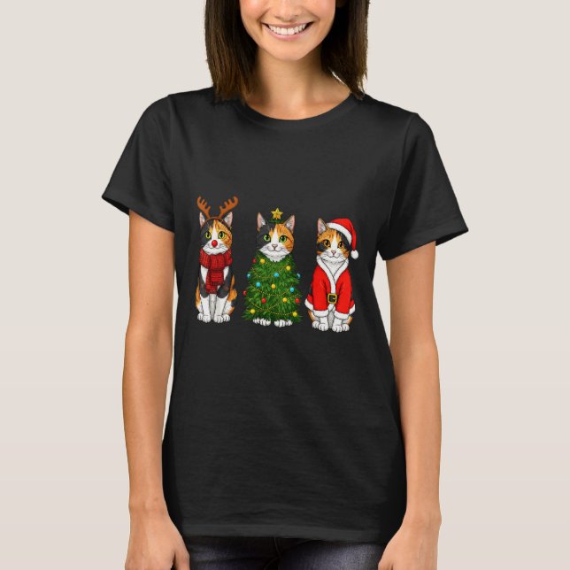 Camiseta Retro Christmas Calico Cat Santa Reindeer  (Anverso)