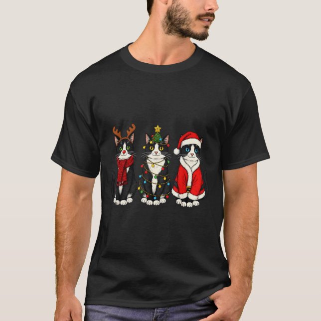 Camiseta Retro Christmas Tuxedo Cat Santa Reindeer  (Anverso)