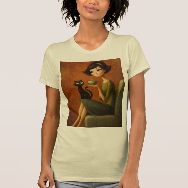 Camiseta Retro Cozy Morning Black Cat Aesthetic Tee (Anverso)