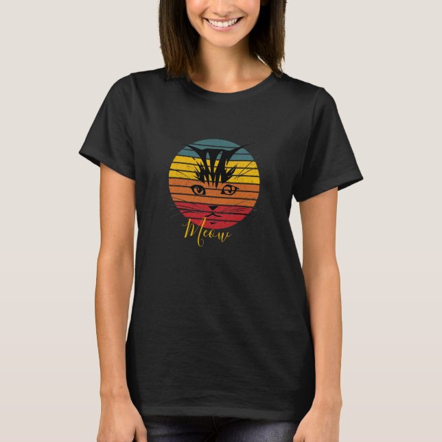 Camiseta retro de puesta de sol y gato (Anverso)