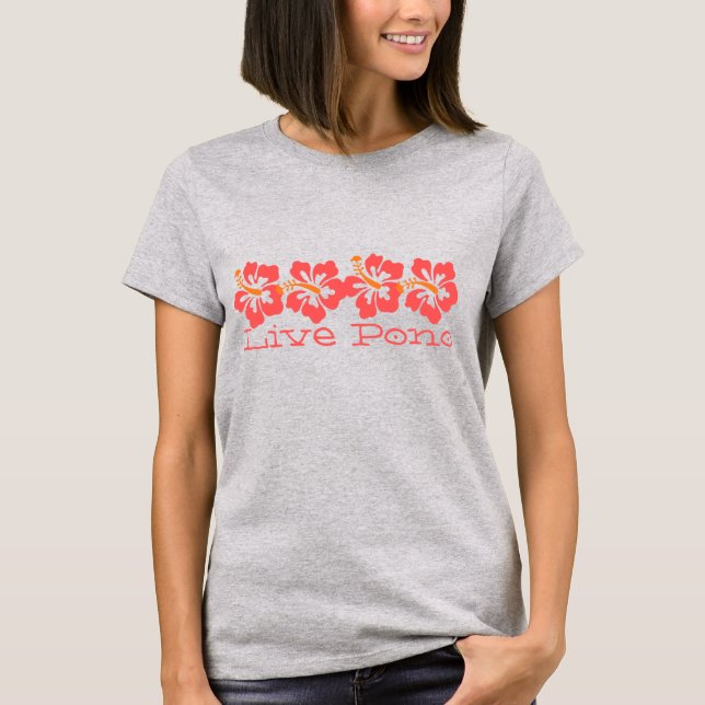 Camiseta Retro de surfista Hawai Coral Hibiscus "Pono vivo" (Anverso)