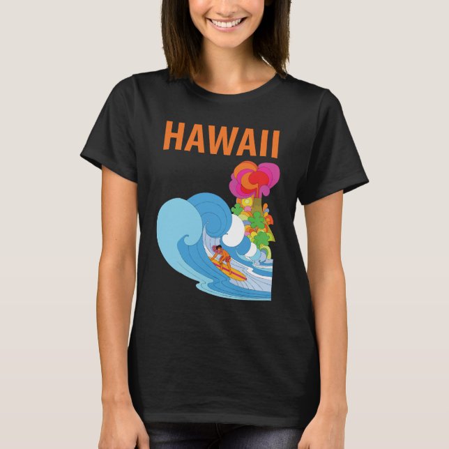 Camiseta Retro de Viaje Ola de Surf de Hawaii Azul (Anverso)