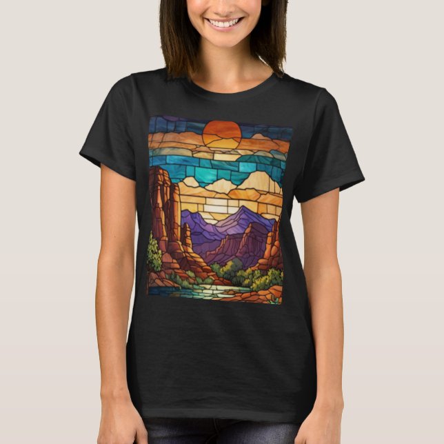 Camiseta Retro desert scene Sedona mountains stainglass art (Anverso)