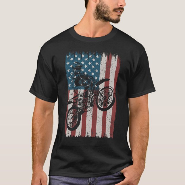 Camiseta Retro Dirt Bike American Flag Motocross Biker 4th  (Anverso)