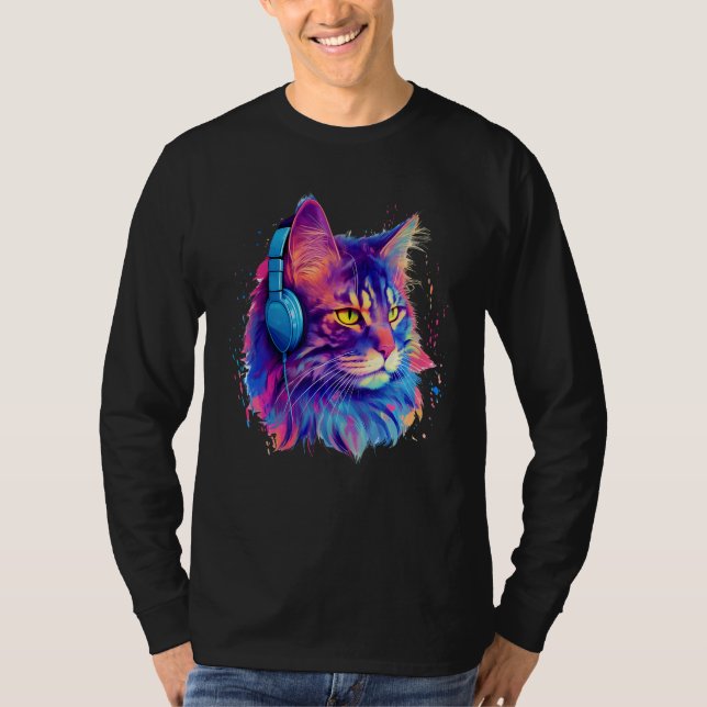 Camiseta Retro DJ Maine Coon Male Cat Face Headphones Music (Anverso)