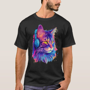 Camiseta Retro DJ Maine Coon Mase Cat Face Auriculares Músi