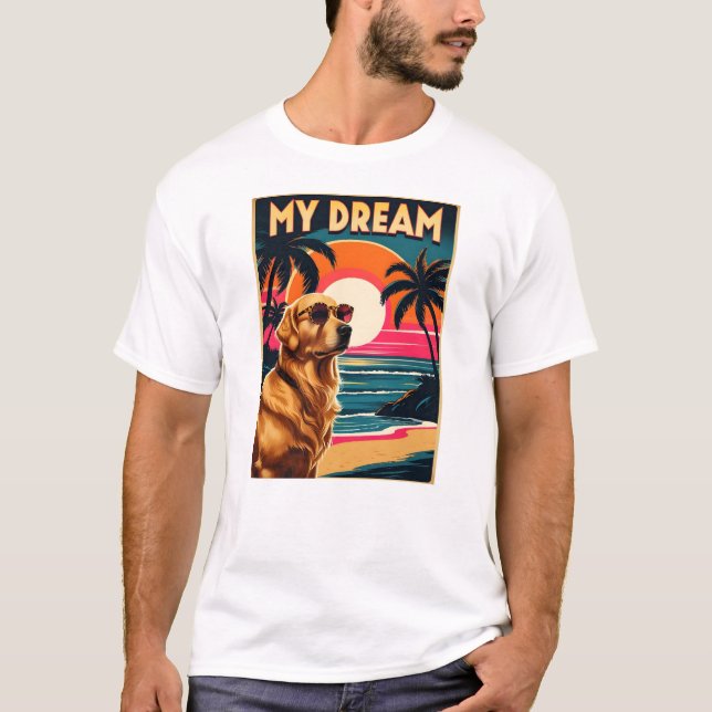 Camiseta Retro Dog Sunglasses Vintage Sunset Beach  (Anverso)
