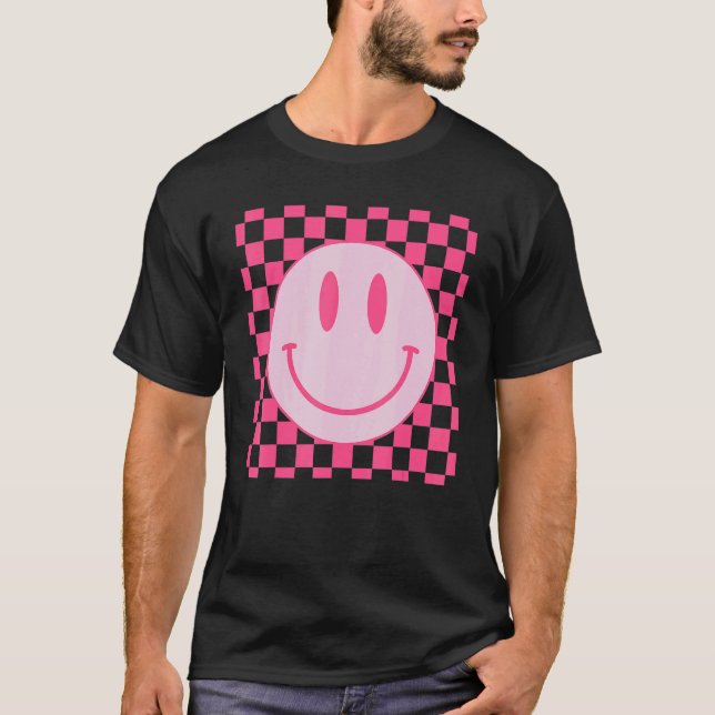 Camiseta Retro Face Happy Patrón controlado Sonrisa rosa Fa (Anverso)