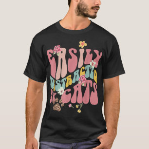 Camiseta Retro Fácilmente Distraído Por Gato Floral De Gato
