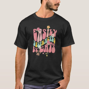 Camiseta Retro Fácilmente Distraído Por Gato Floral De Gato