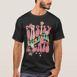 Camiseta Retro Fácilmente Distraído Por Gato Floral De Gato