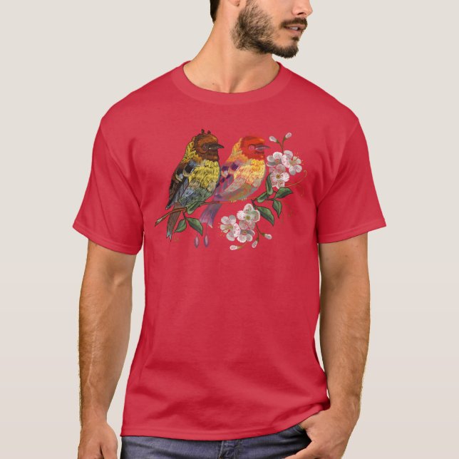 Camiseta Retro familiar de Bird Blossoming Cherry Embroider (Anverso)