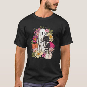 Camiseta Retro Fantasma Gato Negro Floral Boho Cottagecore 