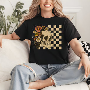 Camiseta Retro Floral Esqueleto Camiseta de Temp