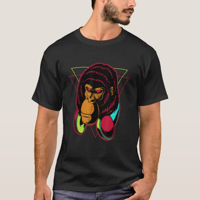 Camiseta Retro Funky Rave DJ Gorilla Ape Head (Anverso)