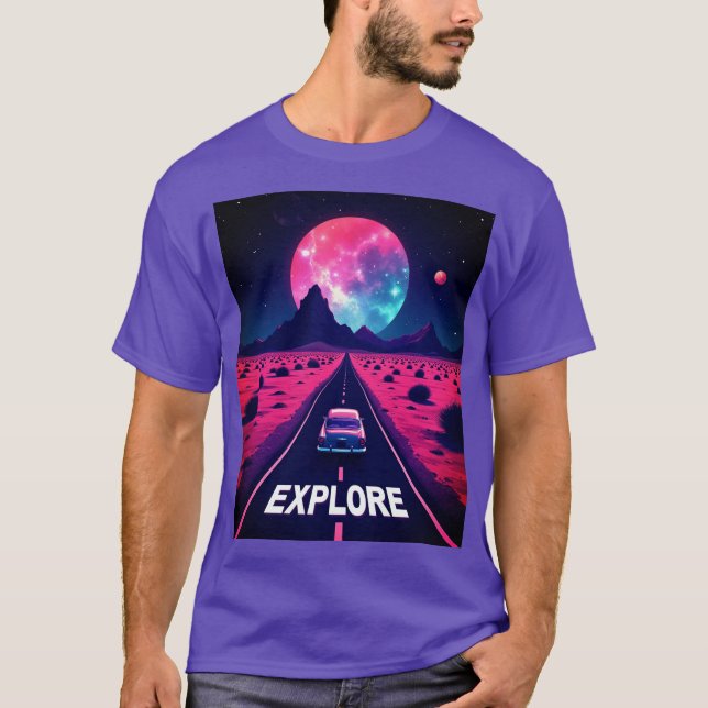 Camiseta Retro-Futurista Synthwave "EXPLORAR" Noche en el D (Anverso)