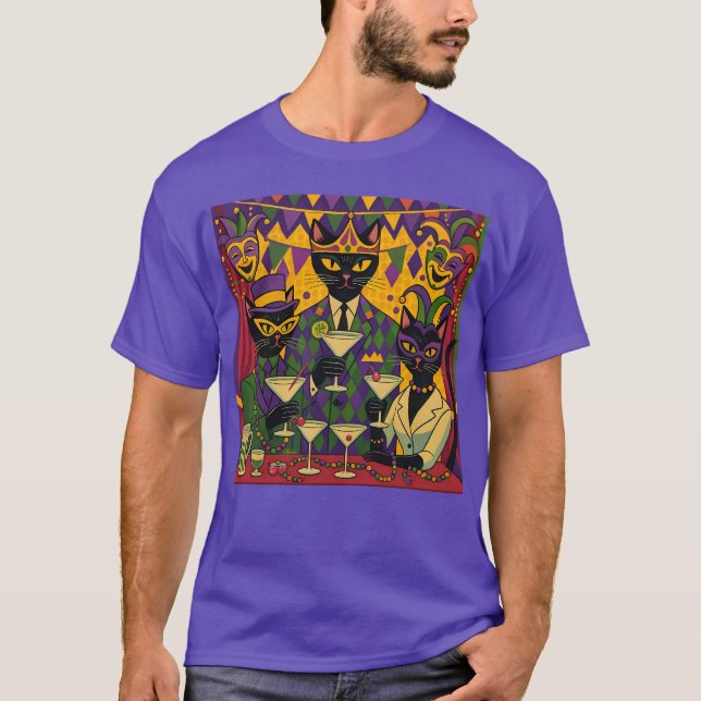 Camiseta Retro Futuristic Mardi Gras Black Cat Martini Club (Anverso)