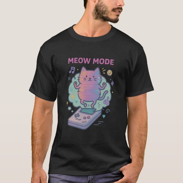 Camiseta Retro GameBoy Console Kawaii Cat Gamer "MEOW MODE" (Anverso)