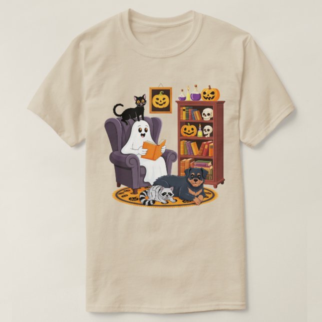 Camiseta Retro Ghost Reading Books with Black Cat Raccoon  (Diseño del anverso)