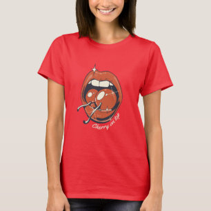 Camiseta Retro Gráfica de Labios Rojos y Cereza