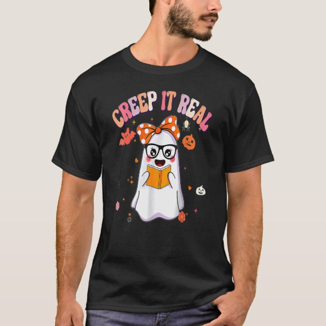 Camiseta Retro Groovy Halloween Creep It Real  Ghost Readin (Anverso)