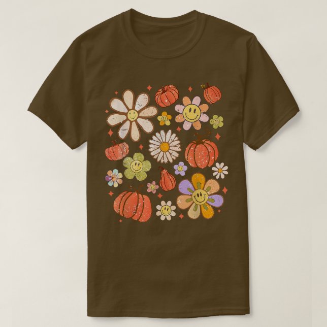 Camiseta Retro Groovy Happy Fall Pumpkins Flores Mares acog (Diseño del anverso)