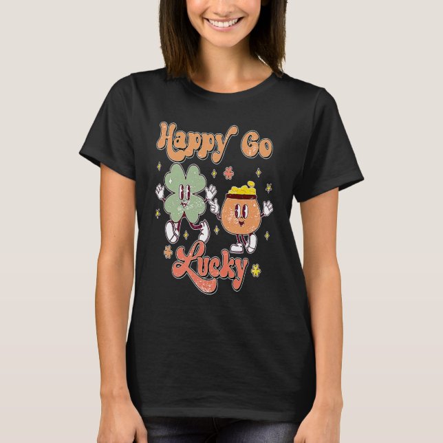 Camiseta Retro Groovy Happy Go Lucky Shamrock Clover St Pa (Anverso)