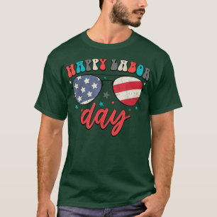 Camiseta Retro Groovy Happy Labor Day Glasses America Flag