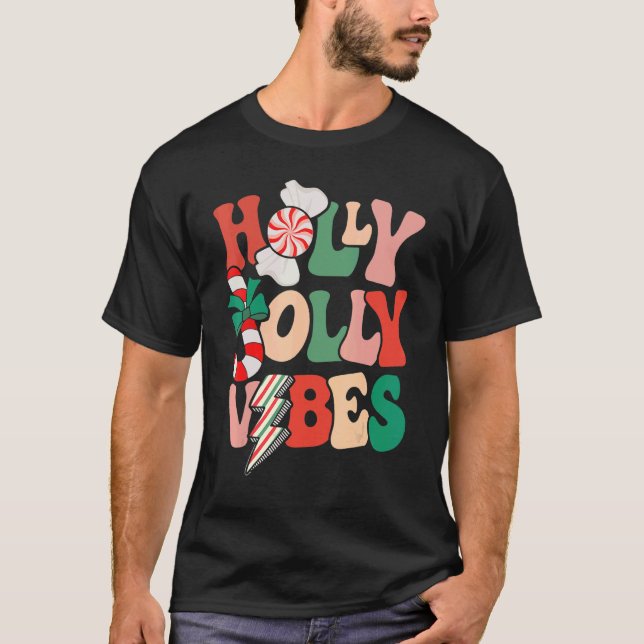 Camiseta Retro Groovy Holly Xmas Jolly Vibes Navidades para (Anverso)