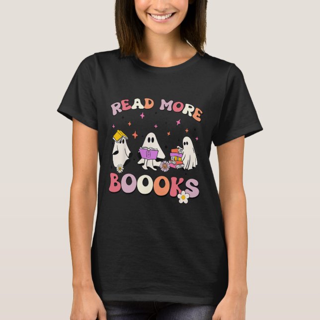Camiseta retro Groovy Leer más libros Ghost Boo ghoul Fun H (Anverso)