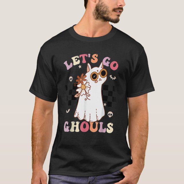 Camiseta Retro Groovy Let's Go Ghouls Halloween Ghost Cat C (Anverso)