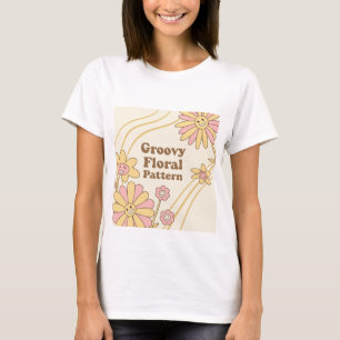 Camiseta Retro Groovy Patrón Floral Cara Sonriente