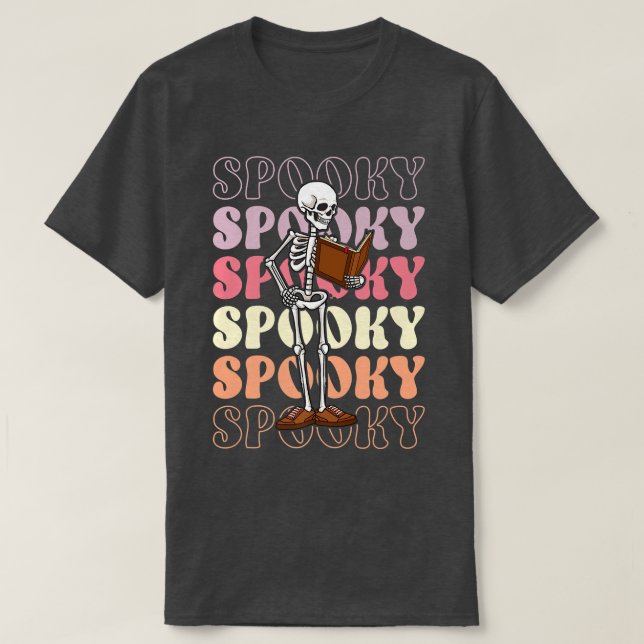 Camiseta Retro Groovy Skeleton Ghost Boo libros de profesor (Diseño del anverso)