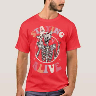 Camiseta Retro Groovy Skeleton Staying Alive Coffee Hallowe